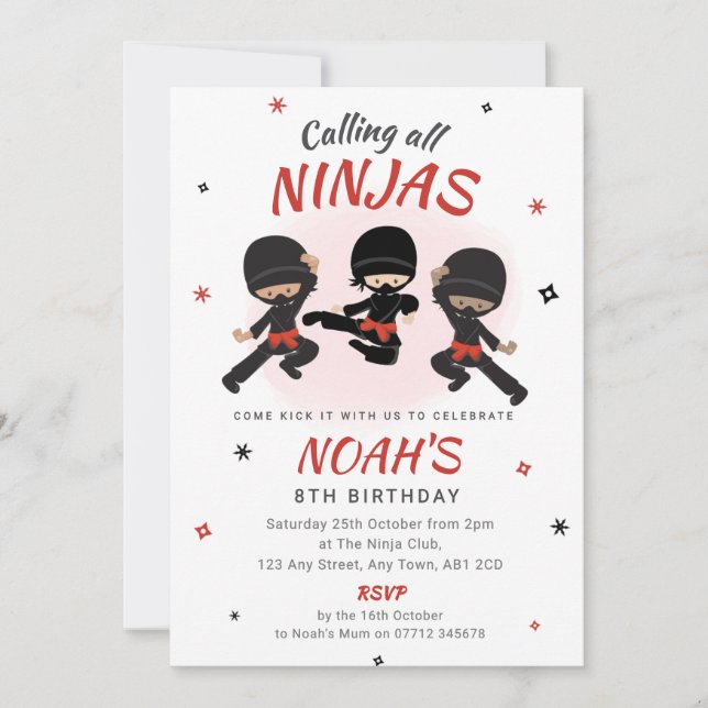 Ninja Invitation d'anniversaire - Red Karate Party (Devant)