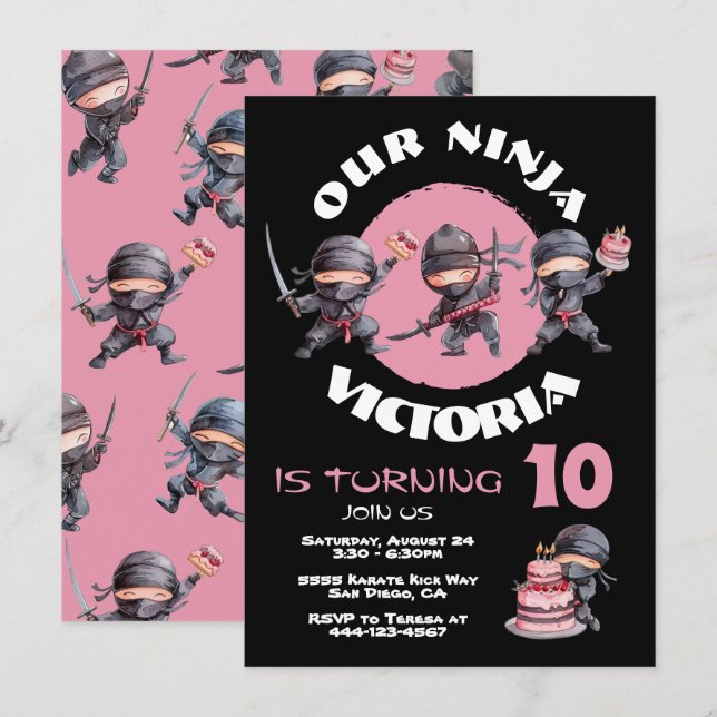Ninja Karate Cake Warrior Girl Birthday Party Invitation (Front/Back)