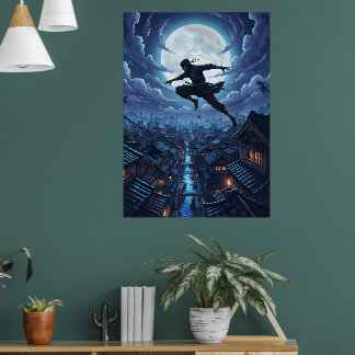 Ninja leaping across rooftops under moonlight poster