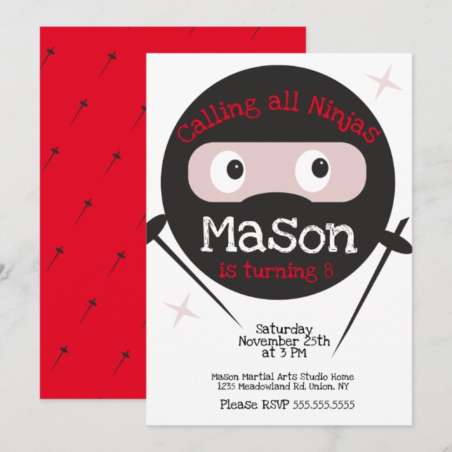 Ninja Martial Arts Karate Boys Birthday Any Age In Invitation (Front/Back)
