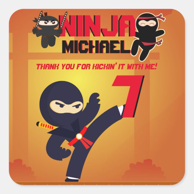 NINJA Movie Star Warrior Kicking it Karate Party Square Sticker (Front)