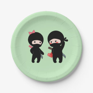Ninja Pair, a Boy and a Girl on Green Paper Plate