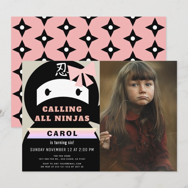 Ninja Pink & Black Girl Photo Birthday Invitation (Front/Back)