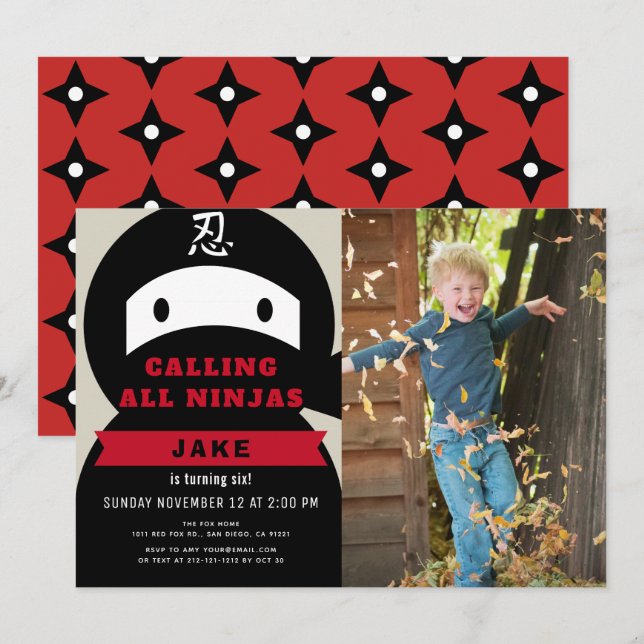 Ninja Red & Black Boy Photo Birthday Invitation (Front/Back)