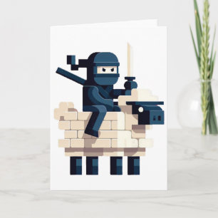 Ninja Riding Sheep Block Style Character Pixel Art Card
