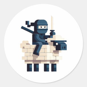 Ninja Riding Sheep Block Style Character Pixel Art Classic Round Sticker