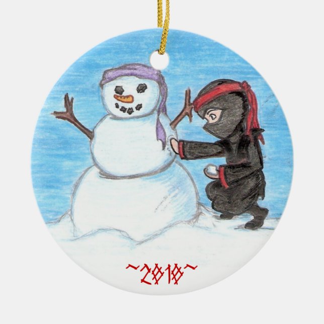 Ninja Snowman Ceramic Ornament (Front)