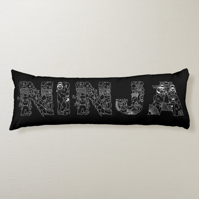 Ninja Superb White Text On Black Body Pillow (Front)