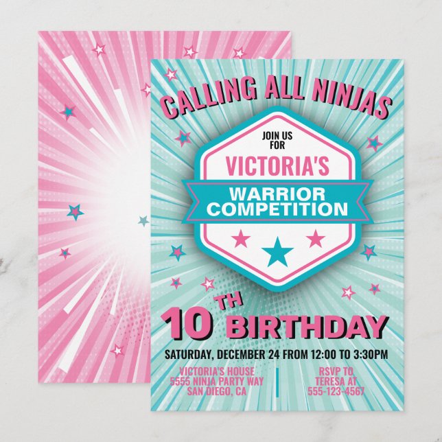 Ninja warrior birthday party girl invitation (Front/Back)