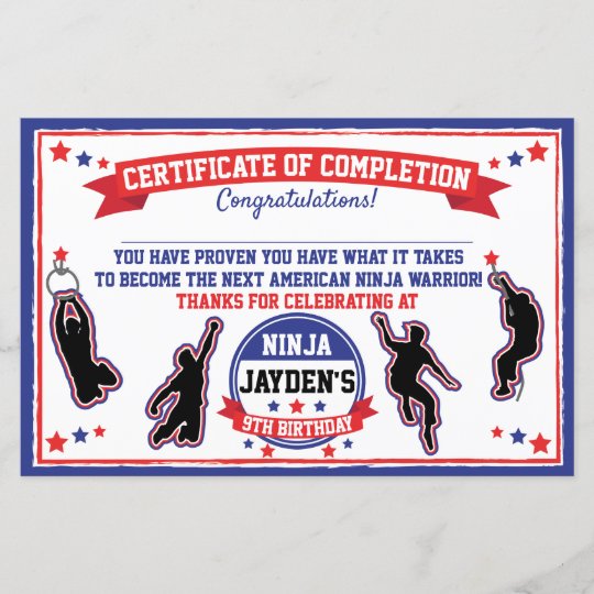 Ninja Warrior Boys Party Certificate of Completion | Zazzle.ca