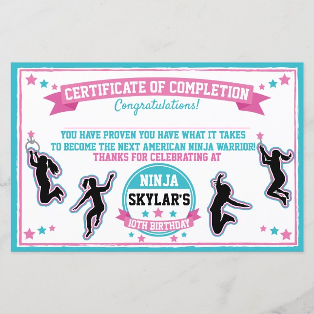 Ninja Warrior Girl Party Certificate of Completion (Front)