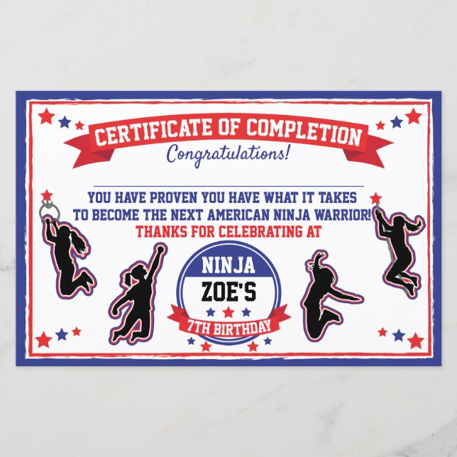 Ninja Warrior Girl Party Certificate of Completion (Front)
