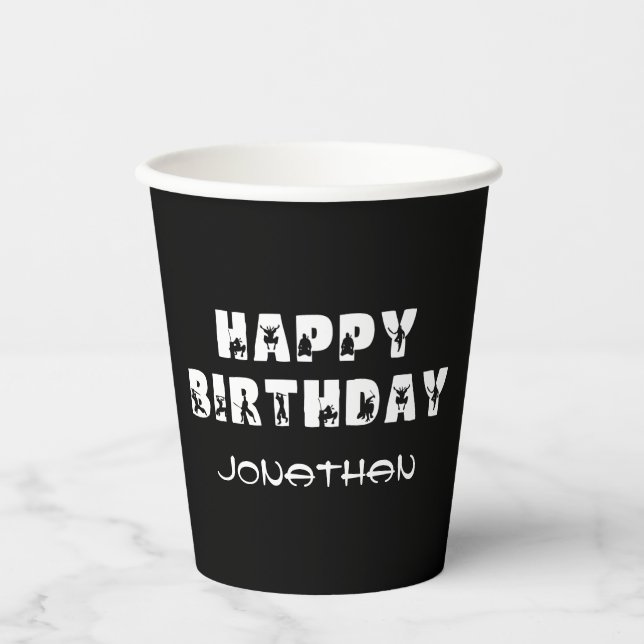 Ninja Warrior Kids Black and White Birthday Party Paper Cups (Front)