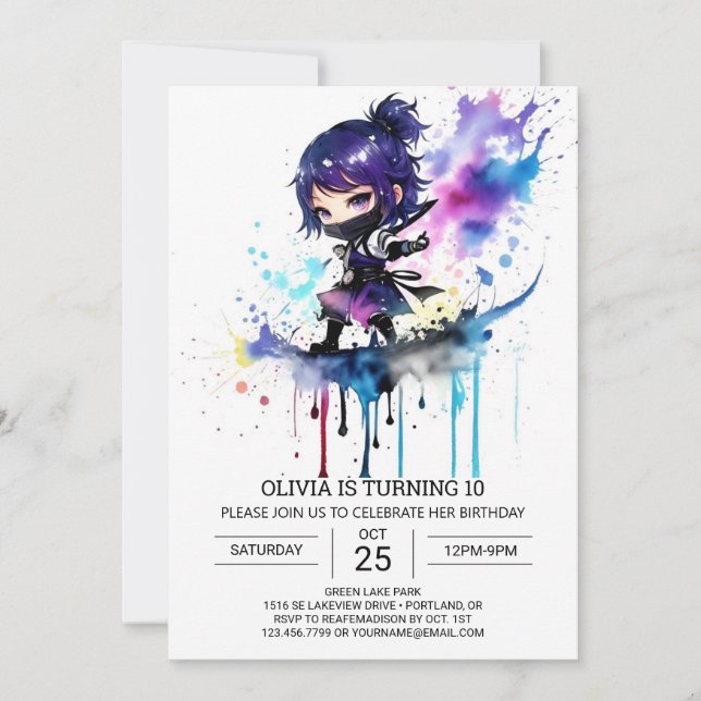 Ninja Watercolor Girly Birthday Invitation (Front)