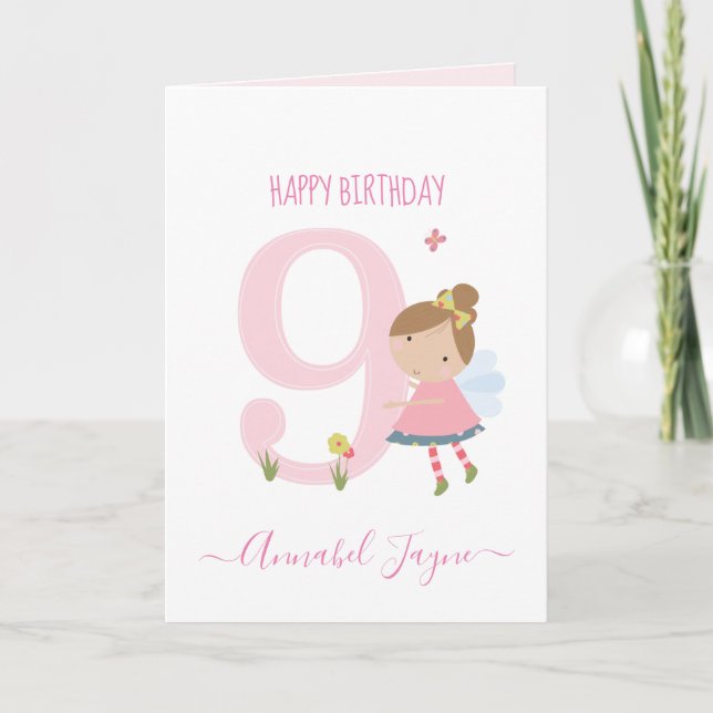 Ninth birthday fairy cute pink personalized card (Front)