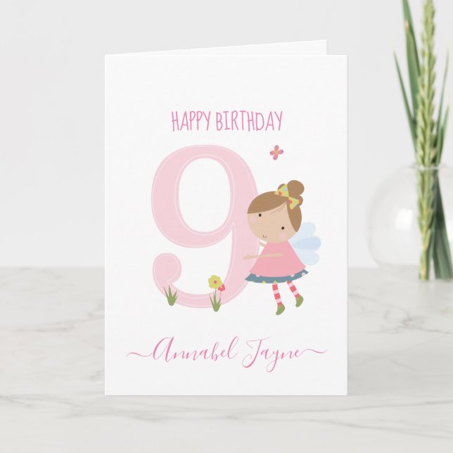 Ninth birthday fairy cute pink personalized card (Front)