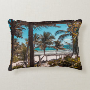 Nipa hut under coconut palm trees accent pillow