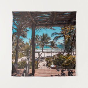 Nipa hut under coconut palm trees tapestry