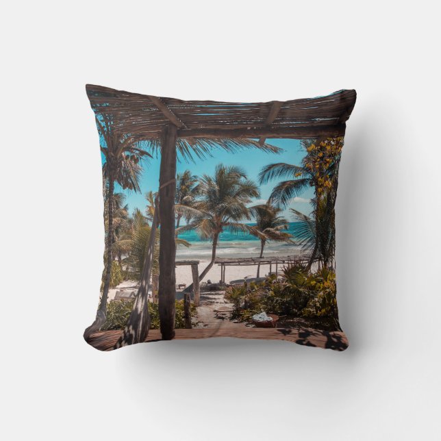 Nipa hut under coconut palm trees throw pillow (Front)