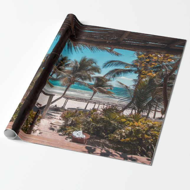Nipa hut under coconut palm trees wrapping paper (Unrolled)