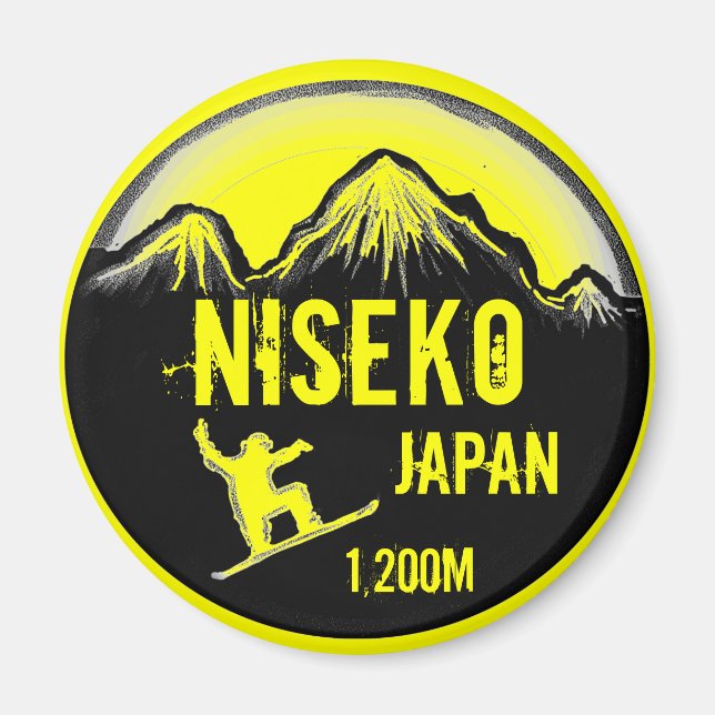 Niseko Japan yellow snowboard art souvenir magnet (Front)