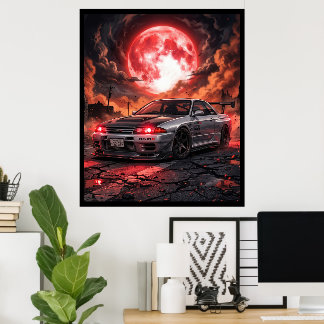 Nissan Skyline R32 Under The Crimson Moon Poster