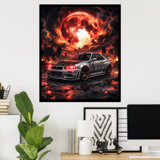 Nissan Skyline R34 Under a Crimson Moon Poster