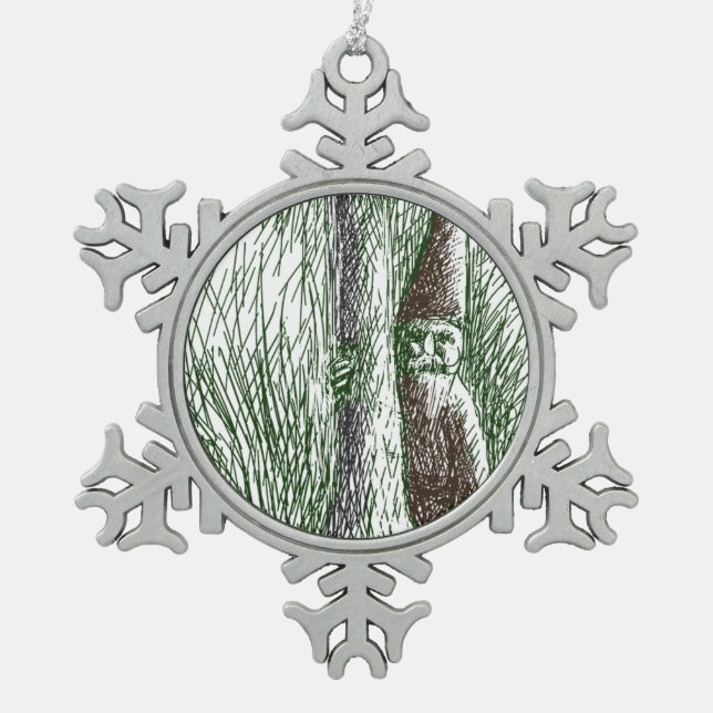 Nisse Behind a Toadstool Snowflake Pewter Christmas Ornament (Front)