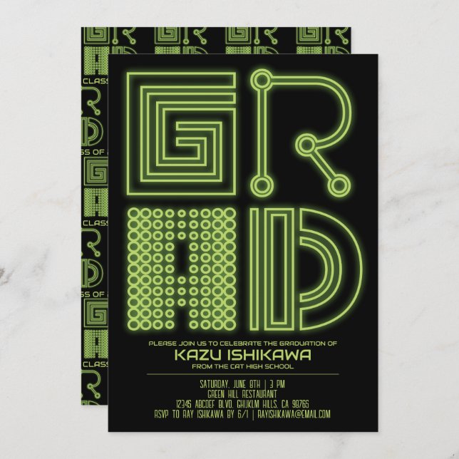 NIVEAU | Green neon Graduation party Invitation (Devant / Derrière)