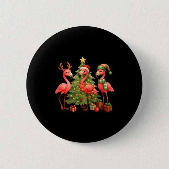 Nk Christmas Flamingos _ Cute Holiday Tree &amp; D 2 Inch Round Button (Front)
