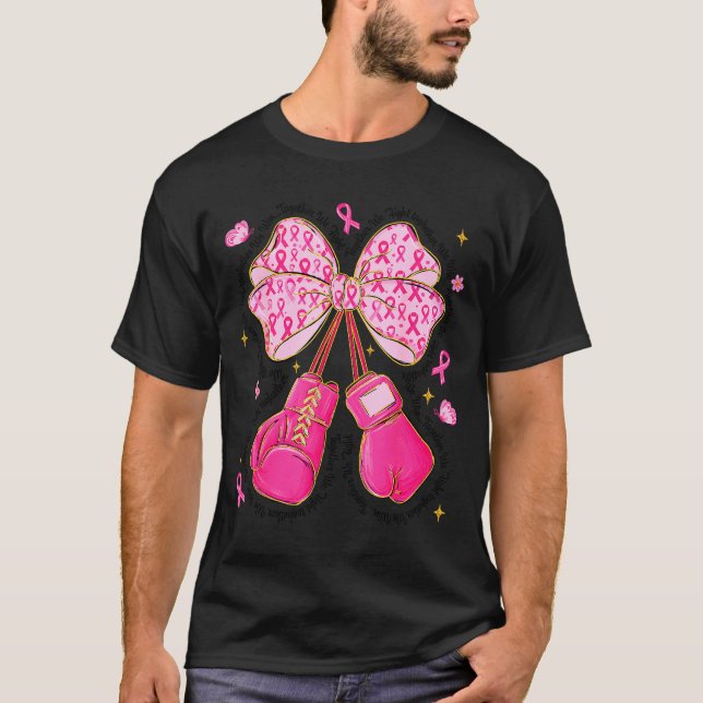 Nk Ribbon Bow Boxing Gloves Breast Cancer Awarenes T-Shirt (Front)