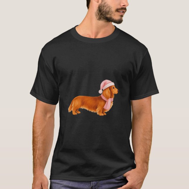 Nk Santa Red Long Haired Dachshund Christmas  T-Shirt (Front)