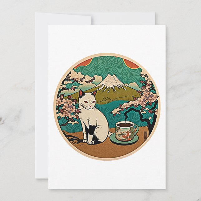 No 01, Happy Hawaiian Lucky Cat Drinking Coffee Thank You Card (Front)
