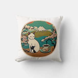 No 01, Happy Hawaiian Lucky Cat Drinking Coffee Throw Pillow