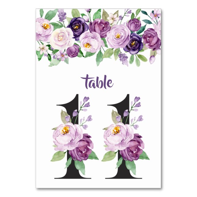 No. 11 Purple & Lavender Watercolor Roses Table Number (Front)