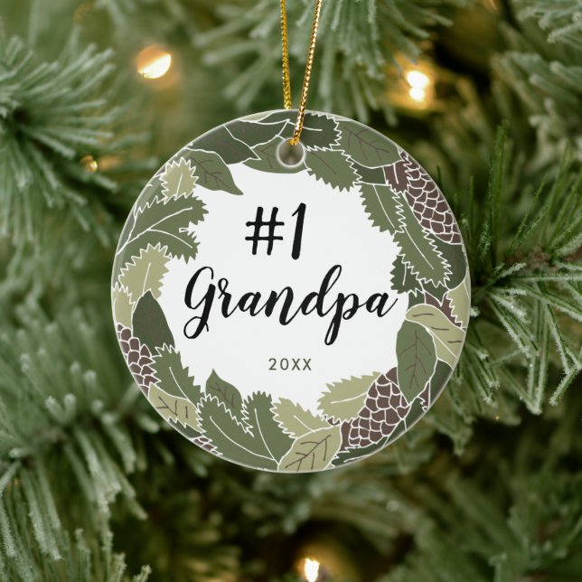 No. 1 Grandpa Personalized Granddad Cedar Wreath Ceramic Ornament (Tree)