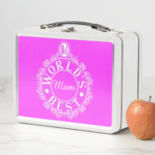 No.1 World’s Best Mom Emblem Classic White on pink Metal Lunch Box