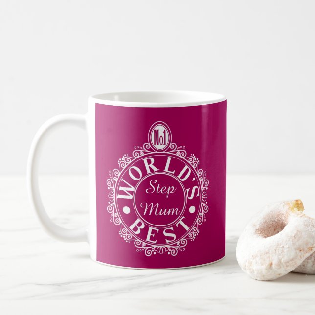 No.1 World’s Best Stepmum Emblem White on Cherry Coffee Mug (With Donut)