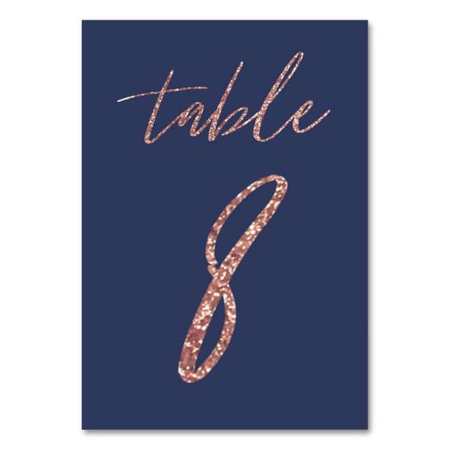 No. 8 - Glam Glitter Rose Gold and Blue Wedding Table Number (Front)