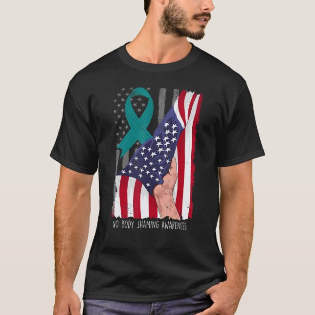 No Body Shaming Shirt Awareness American Flag Teal (Front)