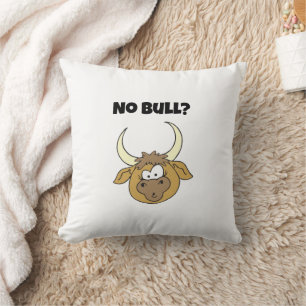 No Bull Funny Brown Cartoon Cow Head Art Throw Pillow