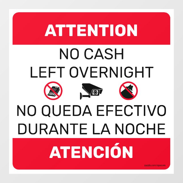 No Cash Left Overnight door window sign. Square Window Cling (Sheet)