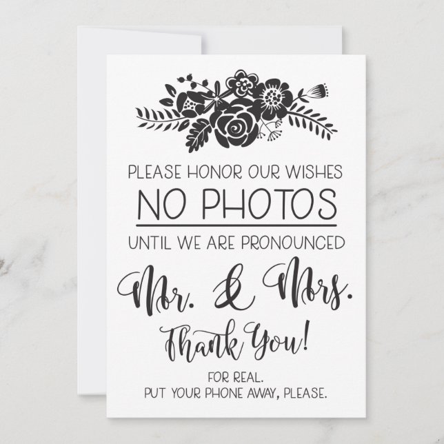 No Cell Phone Photos Wedding Ceremony Sign Card (Front)