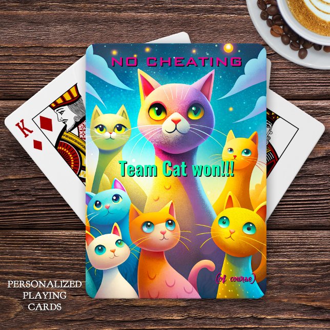 No Cheating Team Cat Won Whimsical Colourful Cat Playing Cards (Whimsical deck of playing cards features a colorful crew of funny cats proudly celebrating)