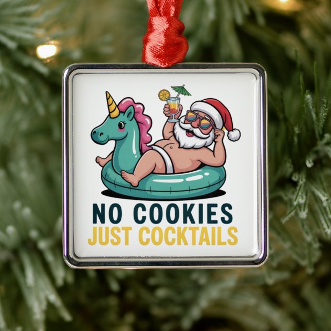 No Cookies Just Cocktails Santa Summer Christmas  Metal Ornament (Tree)