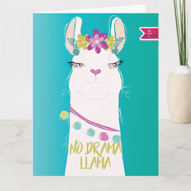 No Drama Llama illustration Monogram Card (Front)