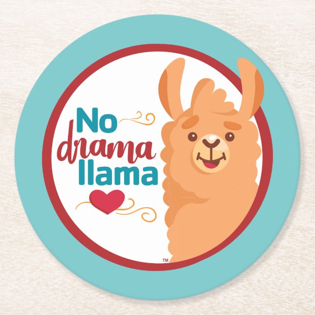 No Drama Llama (Warm) Teal Round Paper Coaster (Front)