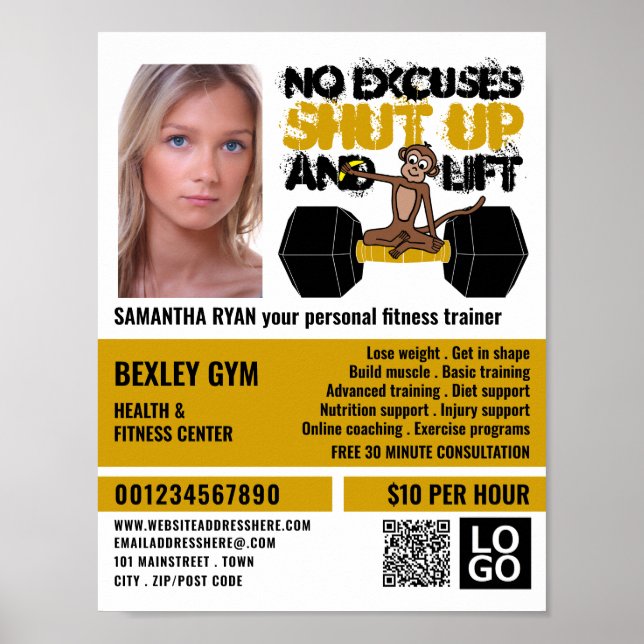No Excuses Monkey, Personal trainer, Gym Advert Poster (Front)