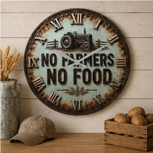 No Farmers No Food Rustic Farmhouse Tractor Large Clock