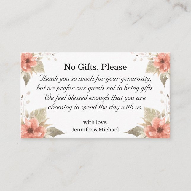 no gifts please, note on wedding gifts floral chic enclosure card (Front)